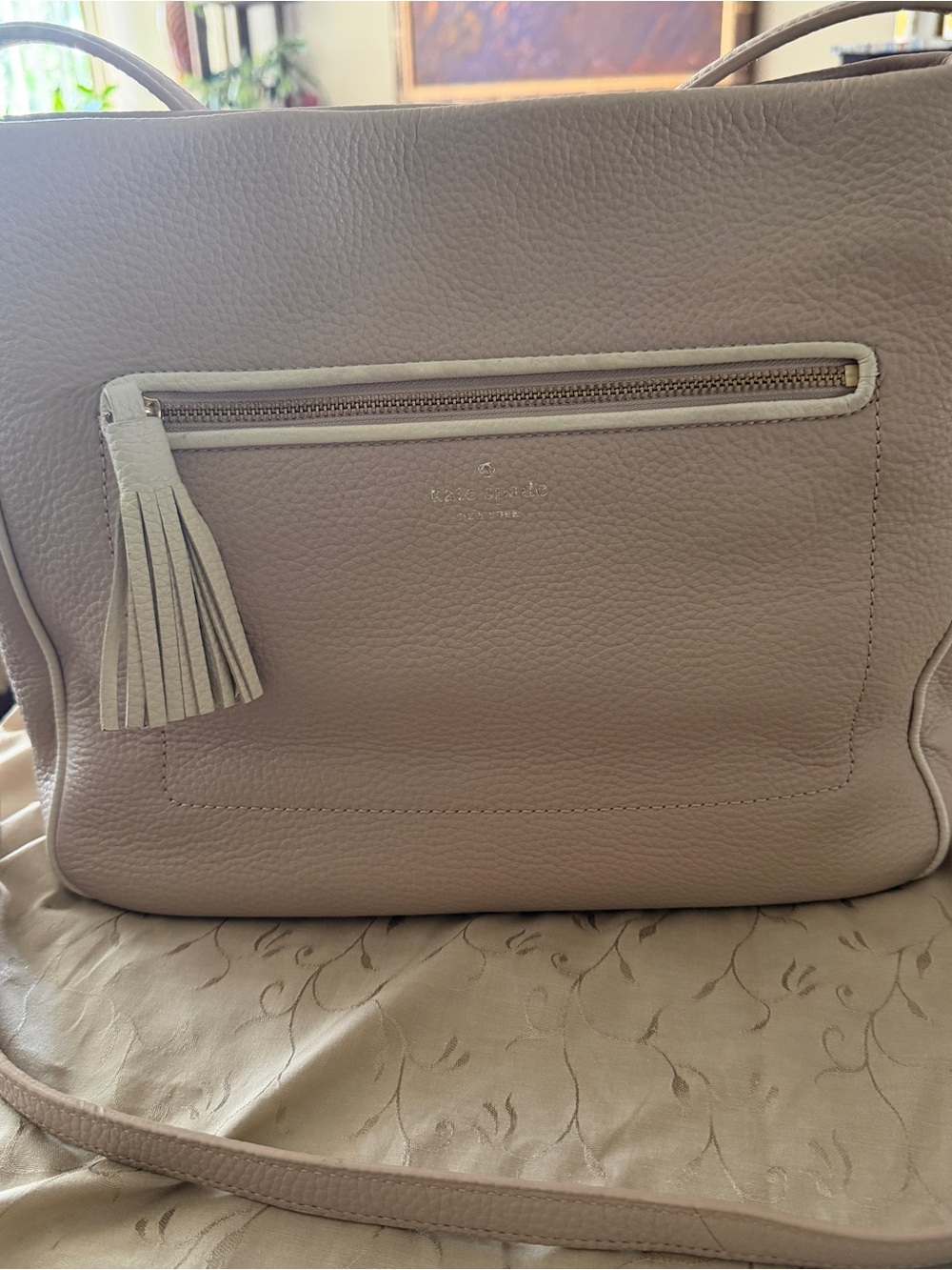 Kate Spade New York Taupe Pebbled Leather Crossbody Shoulder Bag Tassel